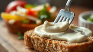 Close-up of creamy mayonnaise being spread on whole grain bread with fresh vegetables visible in soft focus background, warm natural lighting, professional food photography style