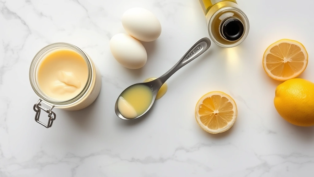 Overhead flat lay composition showing mayonnaise jar, measuring spoon with precisely measured portion, fresh eggs, olive oil bottle, and lemon slices on marble countertop, clean minimalist aesthetic