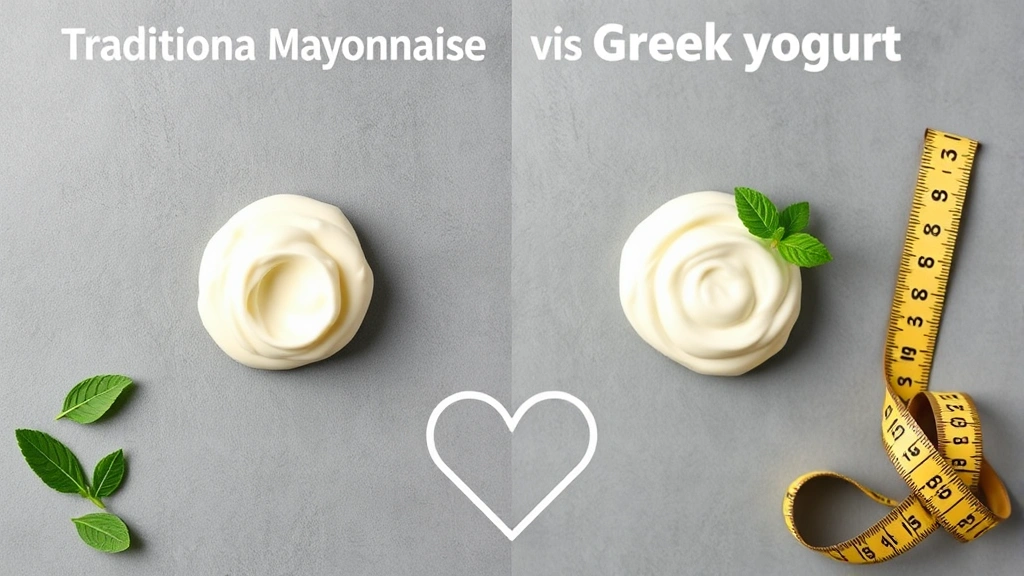 Split-screen comparison showing traditional mayonnaise dollop on one side and Greek yogurt alternative on other side, with nutritional concept elements like heart shape and measuring tape, educational visual style
