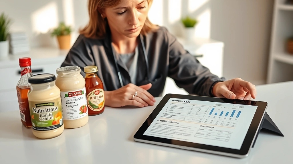 Professional dietitian reviewing nutrition labels on mayonnaise jars and condiment bottles on a clean white desk with tablet showing nutritional data charts, morning natural lighting, focused analytical expression