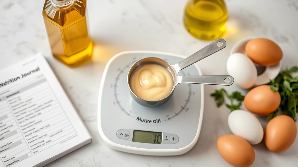Modern kitchen scale with measuring spoon containing mayonnaise being weighed, surrounded by healthy ingredients like olive oil bottle, eggs, fresh herbs, and a nutrition journal, professional food photography style
