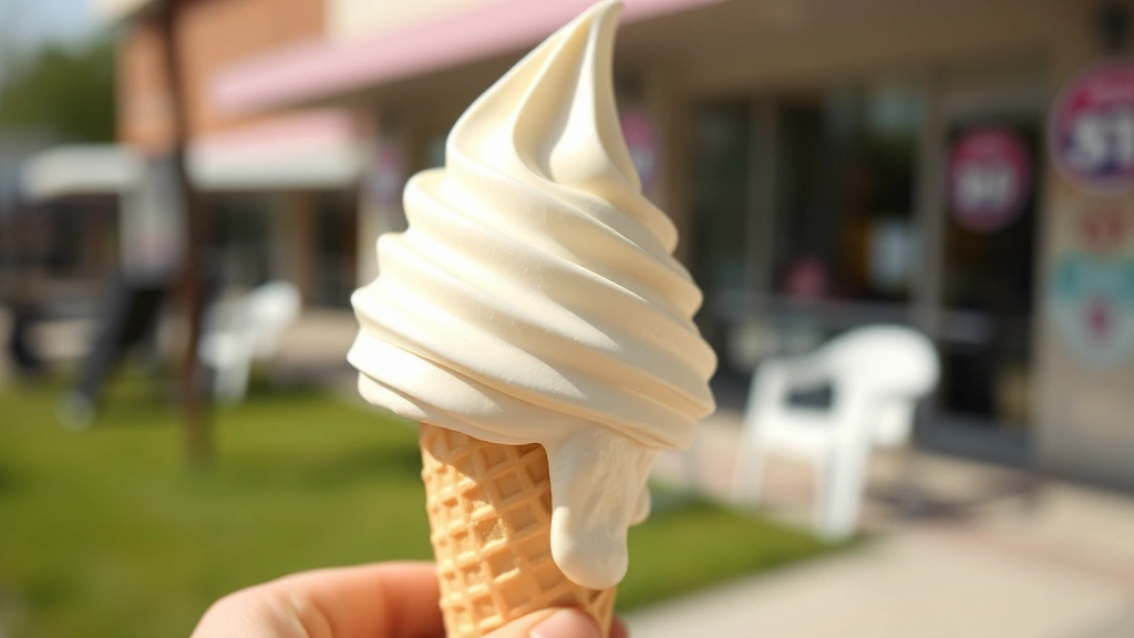 Close-up of a vanilla soft-serve ice cream cone being held outdoors, melting slightly in natural daylight, showing texture detail and dairy appearance, photorealistic style, no text or branding visible