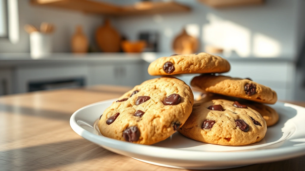 Close-up of chocolate chip cookies arranged on a white ceramic plate with natural sunlight casting shadows, digital health analytics hologram visible in blurred background, modern minimalist kitchen setting, 4K photorealistic