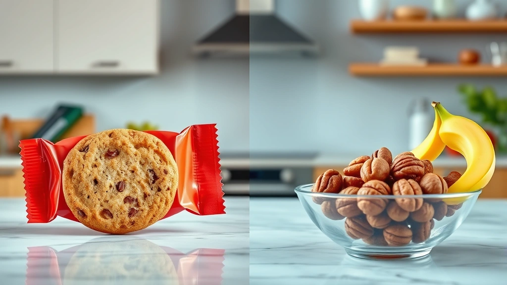 Split-screen comparison showing fast-food cookie wrapper on left side and fresh fruit bowl with nuts on right side, modern kitchen background, professional food photography style, health choice concept imagery
