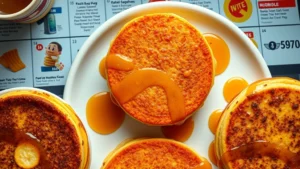 Close-up overhead shot of McDonald's breakfast items including McGriddle sandwich on white plate with syrup drizzle, professional food photography lighting, digital media nutritional content display background