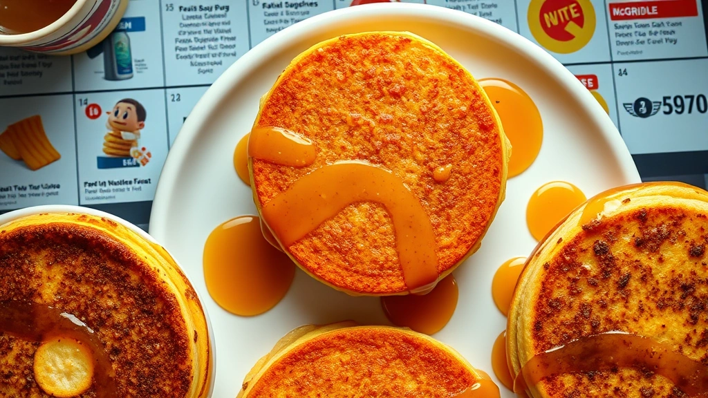 Close-up overhead shot of McDonald's breakfast items including McGriddle sandwich on white plate with syrup drizzle, professional food photography lighting, digital media nutritional content display background