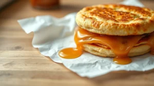 Close-up flat lay of a McDonald's McGriddle sandwich on white parchment paper with maple syrup dripping on side, soft morning kitchen lighting, shallow depth of field, professional food photography style, no text or logos visible