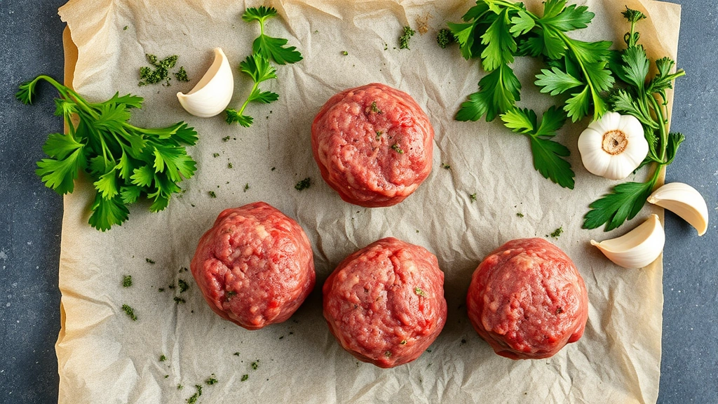 Overhead flat lay of three raw beef meatballs on parchment paper with fresh herbs (parsley, oregano) and garlic cloves scattered around, natural kitchen lighting, professional food photography style