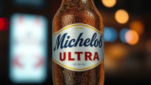 Close-up of condensation on a cold Michelob Ultra beer bottle against blurred bar background, photorealistic, professional lighting, no text or labels visible