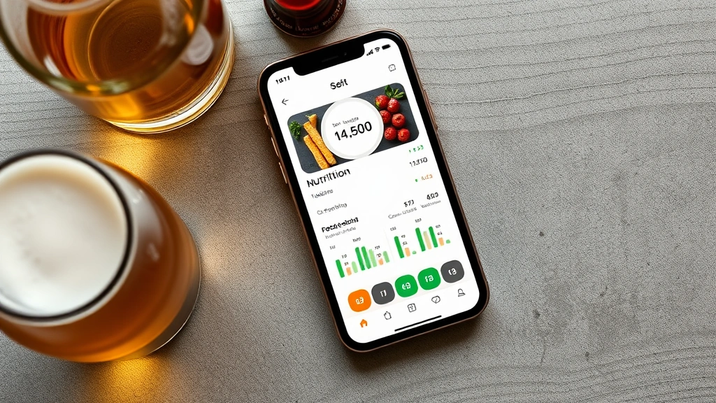 Overhead flat lay of nutrition tracking app on smartphone showing calorie and macronutrient data, with beer glass beside it, photorealistic digital lifestyle imagery, no screen text readable