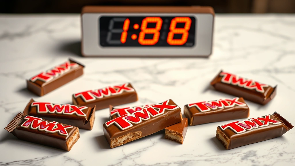 Flat lay composition of mini Twix bars arranged on a white marble surface with a digital calorie counter display in soft focus background, warm studio lighting, professional food photography style