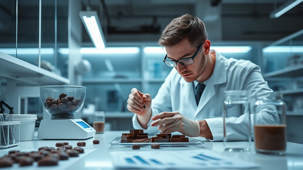 Nutrition scientist in modern laboratory examining chocolate confection samples under bright LED lighting, analytical scales and nutritional data charts visible on desk, clean minimalist workspace