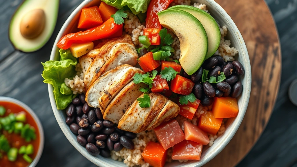 Vibrant overhead shot of a colorful burrito bowl filled with grilled chicken, brown rice, black beans, roasted peppers, lettuce, avocado slices, and fresh salsa, professional food photography lighting, modern restaurant aesthetic, no text visible