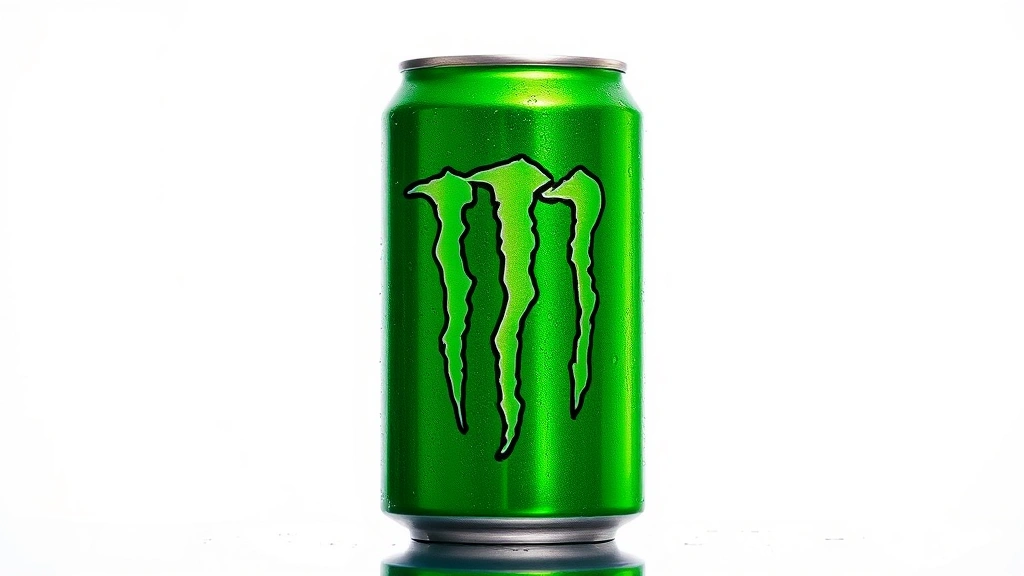 Close-up of a green Monster Energy drink can against a bright white minimalist background with condensation droplets, professional product photography style