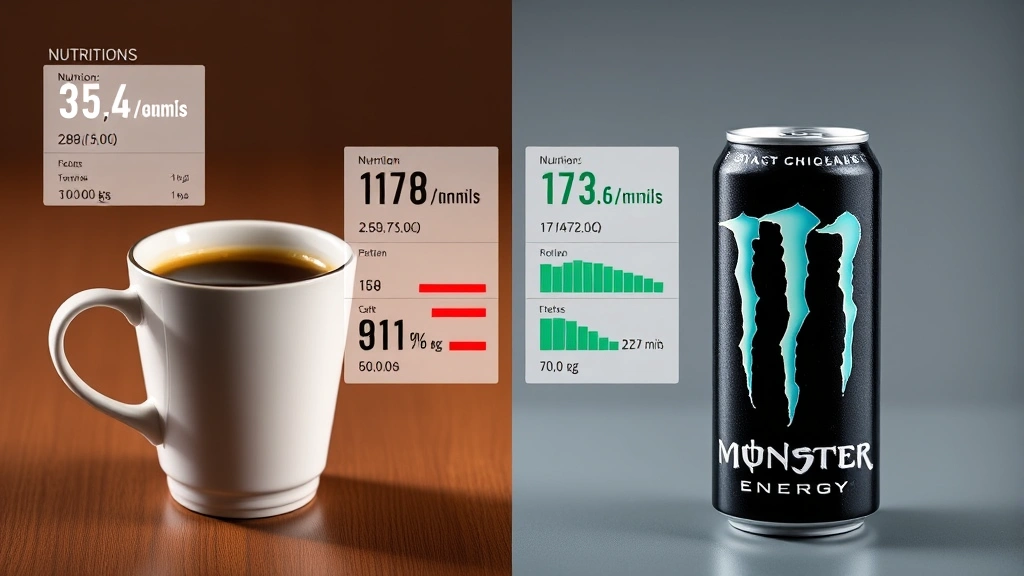 Split-screen comparison showing a coffee cup on one side and a Monster Energy can on the other, with nutritional data visualizations floating above each, modern infographic style