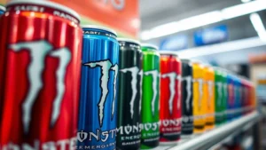 Close-up photograph of colorful energy drink cans lined up on a convenience store shelf, showing vibrant Monster branding, shallow depth of field emphasizing product labels, professional retail environment lighting, no visible text readable
