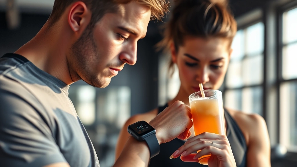 Photograph of a person in a gym setting holding a beverage while looking at their smartwatch, morning light, athletic wear, focused expression, shallow depth of field, no visible labels or text on screen