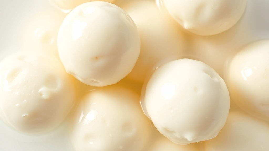Close-up of fresh mozzarella balls in clear liquid, glistening wet texture, natural lighting, minimalist white background, dairy nutrition concept
