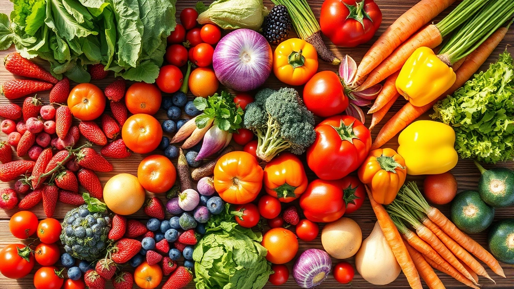 Vibrant overhead shot of colorful fresh vegetables and fruits arranged on wooden surface, natural daylight streaming across, diverse produce including leafy greens, berries, tomatoes, peppers, carrots, photorealistic high-resolution