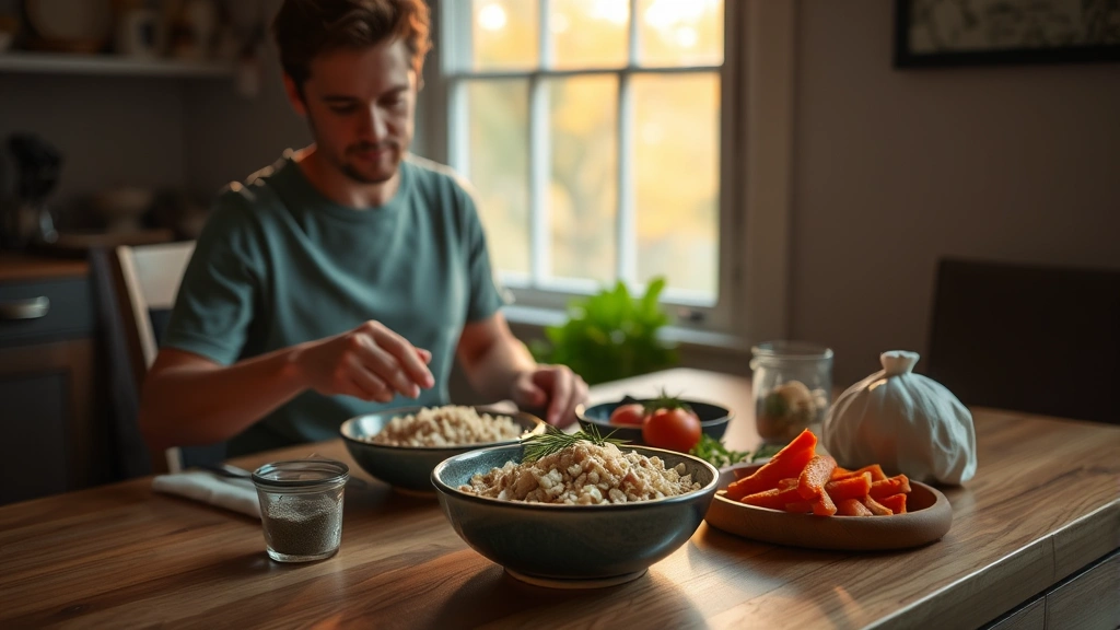 Person sitting at dining table preparing healthy meal with whole grains, legumes, and fresh ingredients visible, warm natural lighting through window, peaceful mindful eating moment, no screens visible