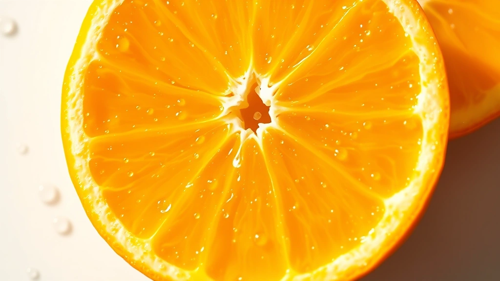 Close-up of fresh navel orange cut in half showing bright orange flesh and juice droplets, natural sunlight illumination, isolated on white surface with water droplets, photorealistic