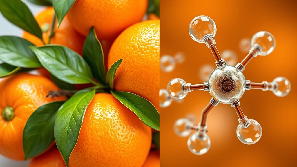 Split-screen composition: left side shows vibrant fresh navel oranges with leaves, right side displays abstract molecular structure representing vitamin C and antioxidants, modern scientific visualization style, photorealistic