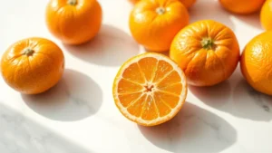 Close-up photograph of fresh navel oranges with distinctive navel end visible, arranged on bright white marble surface with soft natural morning light creating gentle shadows, photorealistic food photography style, vibrant orange coloring, no text or labels