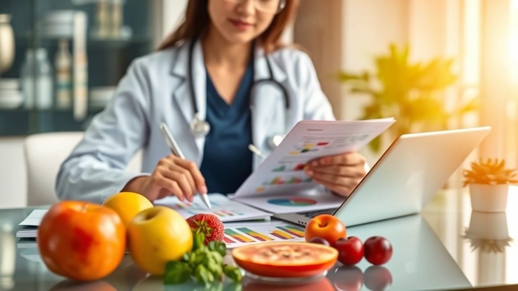 Professional healthcare setting with registered dietitian reviewing colorful nutritional data charts and fruit specimens on modern glass desk, warm professional lighting, digital tablets and nutrition documentation visible but blurred, diverse healthy food elements