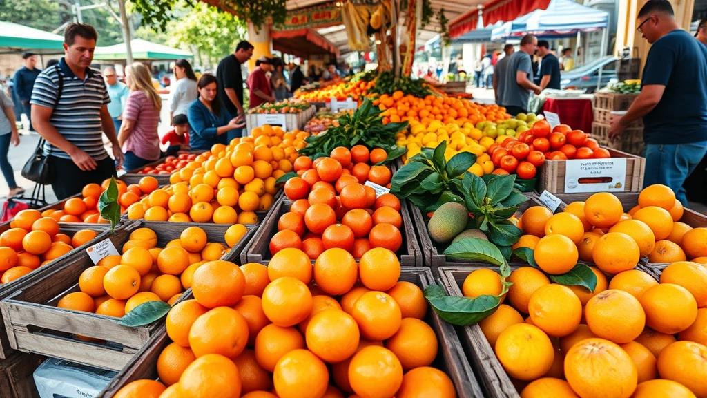 Vibrant farmers market display of various fresh citrus fruits including navel oranges in wooden crates, natural outdoor daylight, customers selecting produce, dynamic market atmosphere, no signage or price tags readable, photorealistic street photography