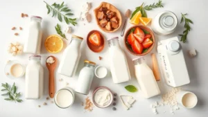 Overhead flat lay of various milk types in glass bottles and cartons—nonfat, whole, 2%, and plant-based alternatives—arranged on a clean white surface with fresh dairy ingredients like milk, cream, and calcium-rich foods scattered nearby, professional food photography style, natural lighting, no text visible