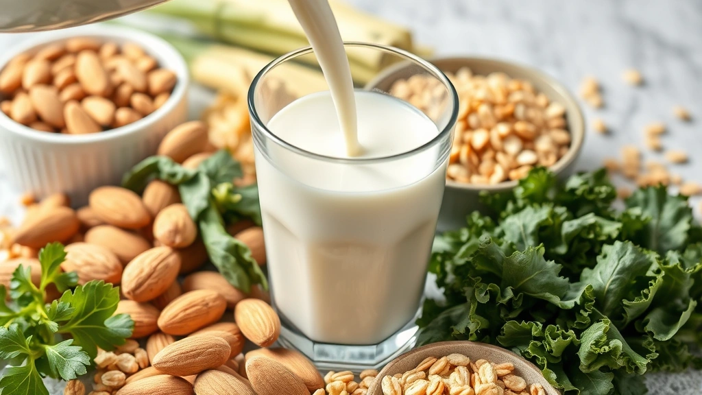 Close-up macro photography of milk being poured into a clear glass with calcium-rich foods like almonds, leafy greens, and fortified cereals artfully arranged around it, showing nutrient-dense items, bright natural lighting, photorealistic detail, no nutritional labels or text