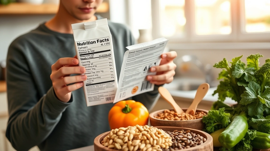 Modern kitchen scene showing a person reading a nutrition label on a milk carton while holding various whole foods including nuts, seeds, and vegetables, representing informed dietary choices and nutritional decision-making, warm natural lighting, lifestyle photography, no visible text on labels