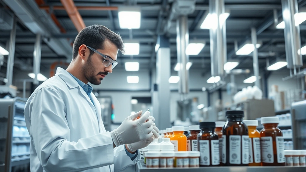 Modern supplement manufacturing facility with quality control technician examining bottles under bright laboratory lighting, professional equipment visible, clean industrial setting with stainless steel surfaces