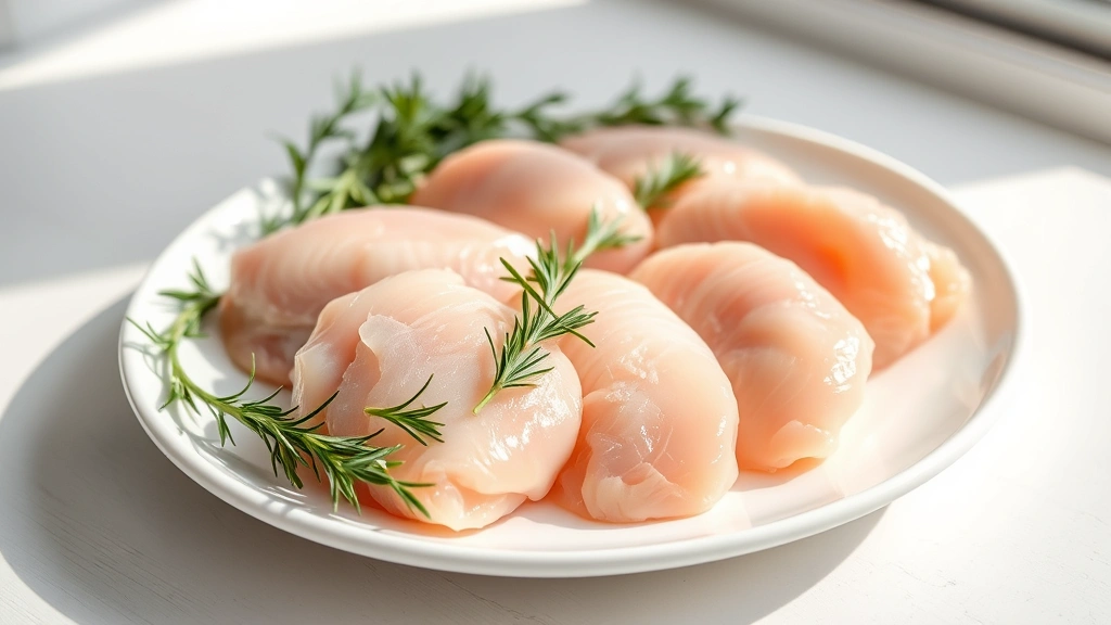 Professional food photography of raw chicken tenderloins arranged on white ceramic plate with fresh herbs like rosemary and thyme scattered around, natural window lighting, minimalist composition