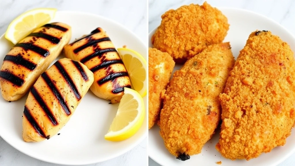 Split-screen image: left side shows grilled chicken tenderloins with grill marks on white plate with lemon wedges; right side shows breaded fried chicken tenderloins, highlighting preparation method differences