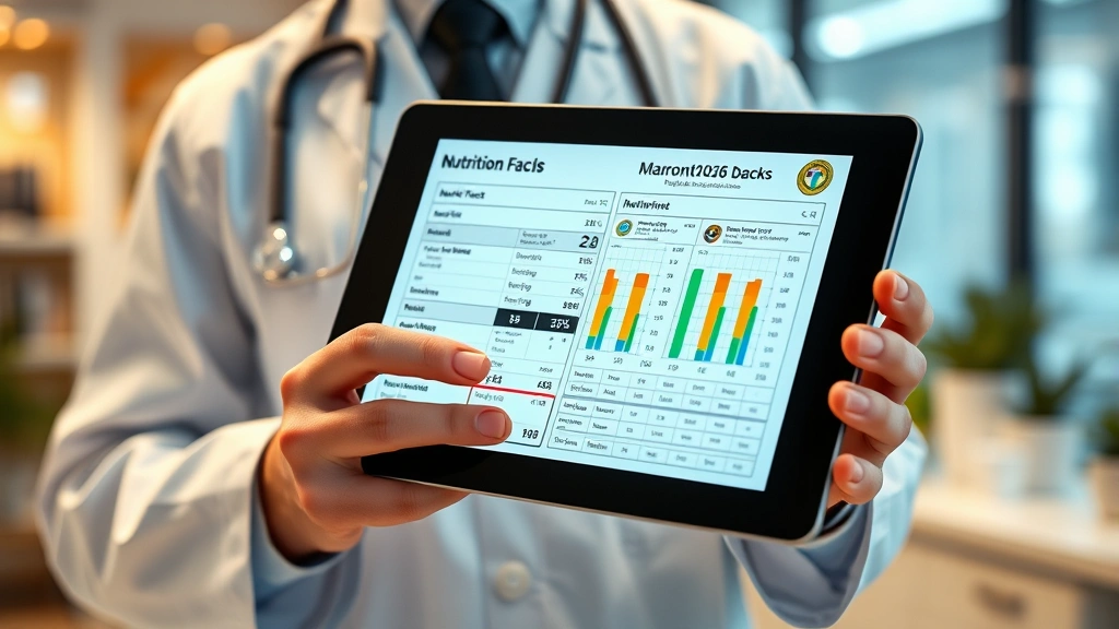 Nutritionist reviewing nutrition label charts and macronutrient comparison graphics on tablet device, professional healthcare setting with blurred medical office background, warm lighting