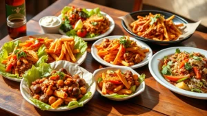Professional food photographer capturing colorful Chili's style appetizers and salads arranged on rustic wooden table with natural lighting, showing portion sizes and food composition details