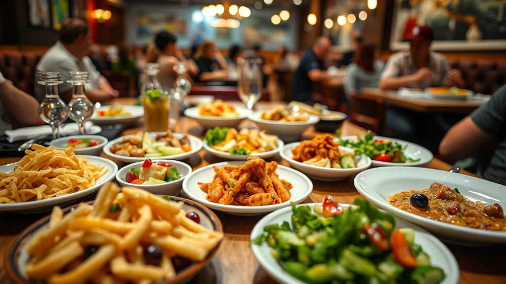 Close-up of diverse casual dining restaurant table with colorful appetizers and main dishes, warm ambient lighting, restaurant interior background, people enjoying meals