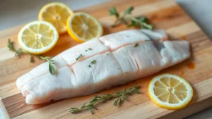 Fresh raw mahi mahi fillet on wooden cutting board with fresh lemon slices and Mediterranean herbs, natural kitchen lighting, professional food styling, no text or labels visible