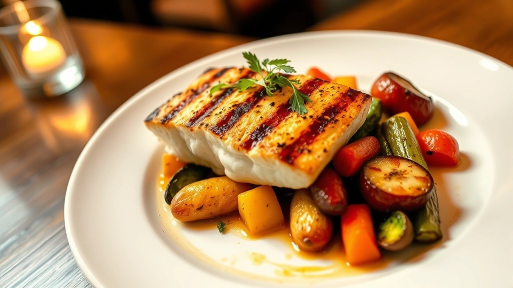 Grilled mahi mahi fillet on white ceramic plate with roasted colorful vegetables and fresh herb garnish, warm restaurant lighting, overhead angle, appetizing plating presentation