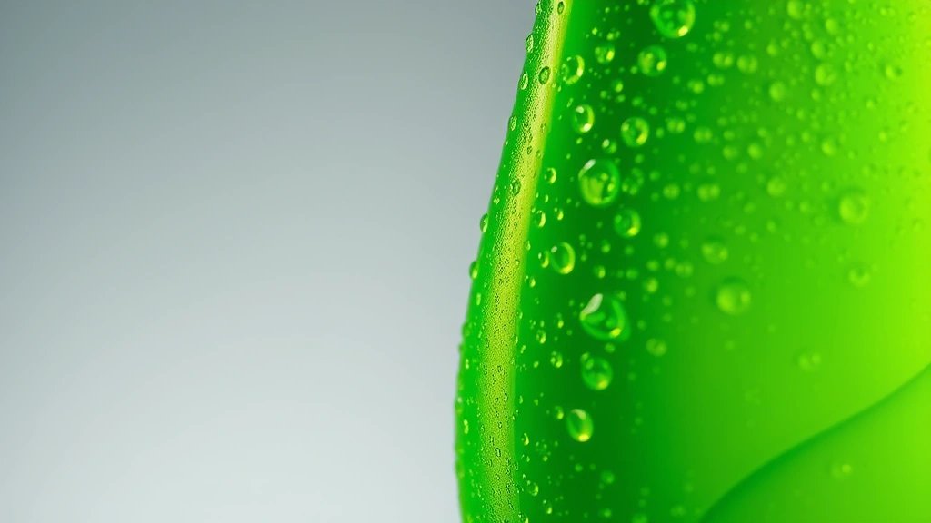 Close-up of condensation on a bright neon-green beverage bottle against soft studio lighting, photorealistic product photography style, minimalist composition