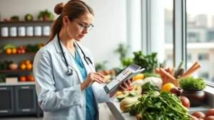 Professional dietitian analyzing nutrition data on tablet in modern clinic setting with fresh ingredients and healthy meal components visible in background