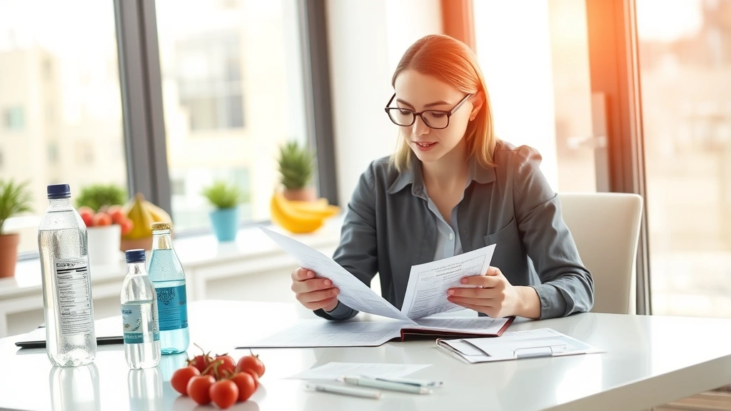 Professional nutritionist analyzing beverage labels and nutrition data on modern desk with fresh fruits and water bottle in background, warm natural lighting, health-focused environment