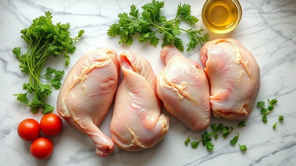 Overhead view of raw chicken legs arranged on marble countertop with fresh herbs, natural window lighting, professional food photography style, vibrant colors, shallow depth of field