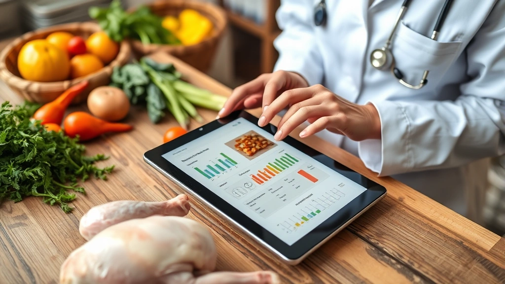 Nutritionist analyzing chicken leg nutrition data on tablet, surrounded by fresh poultry and vegetables on wooden table, professional healthcare setting, natural daylight, authentic workplace atmosphere