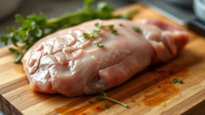 Close-up of raw chicken liver on wooden cutting board with fresh herbs, morning kitchen lighting, professional food photography style, shallow depth of field, showing texture and color vibrantly