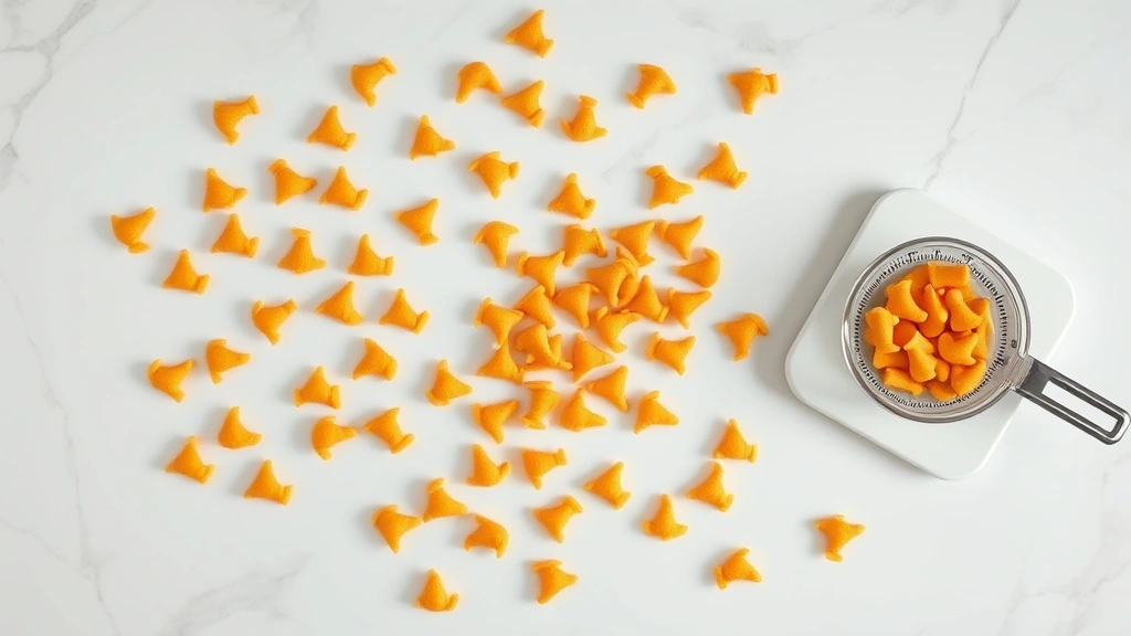 Overhead flat lay of scattered goldfish crackers on white marble surface with measuring cup and nutrition scale, soft natural lighting, minimalist composition