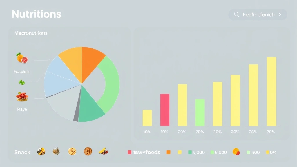 Digital nutrition analysis visualization showing macronutrient breakdown pie chart and micronutrient bars for snack foods, clean modern design with health-focused aesthetic