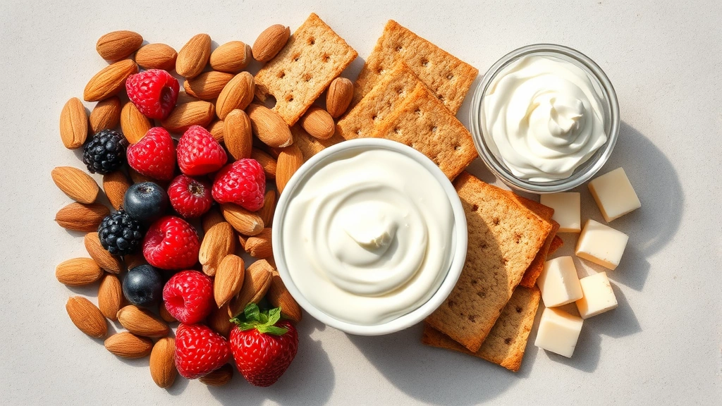 Diverse healthy snack alternatives arranged artfully: almonds, fresh berries, Greek yogurt, whole grain crackers, and cheese cubes on neutral background with natural lighting