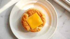 Overhead flat lay of a single warm, golden-brown buttered biscuit with melted cheddar cheese on white ceramic plate, soft natural window lighting, professional food photography
